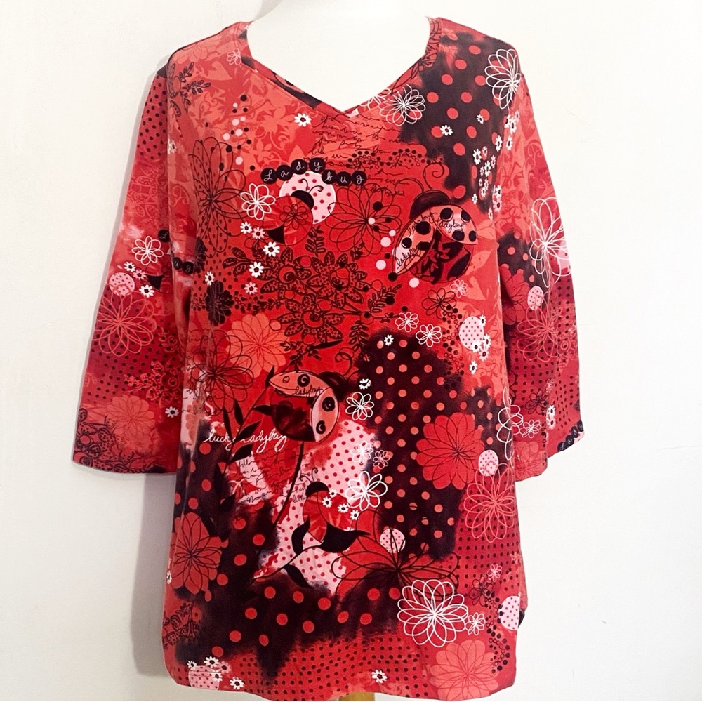 CJ Banks Ladybug Mixed Media Print Nice Cotton Knit Fabric Tee Top 2X